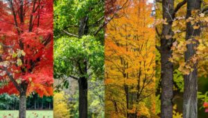 Seasonal changes in deciduous trees: red maple, green oak, yellow maple, and golden oak leaves