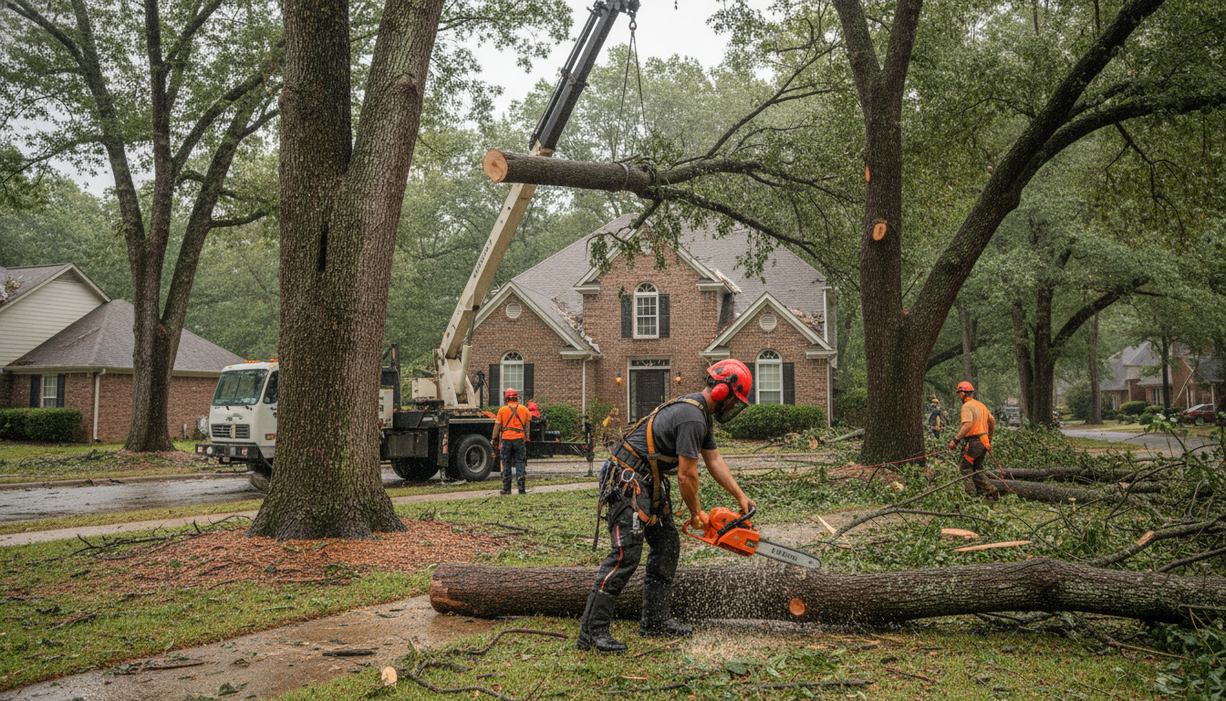 Aable John's crew using a crane to remove storm-damaged trees from a residential property in Mableton, GA