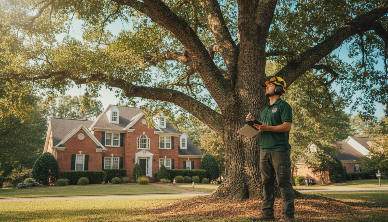 Certified arborist inspecting a large tree in a Cobb County, GA yard