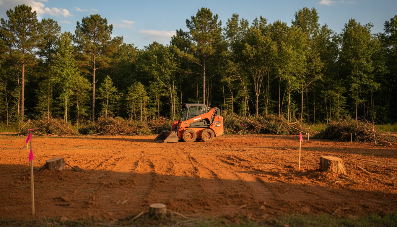 Graded construction lot with survey flags and a skid-steer loader after land clearing in Marietta, GA
