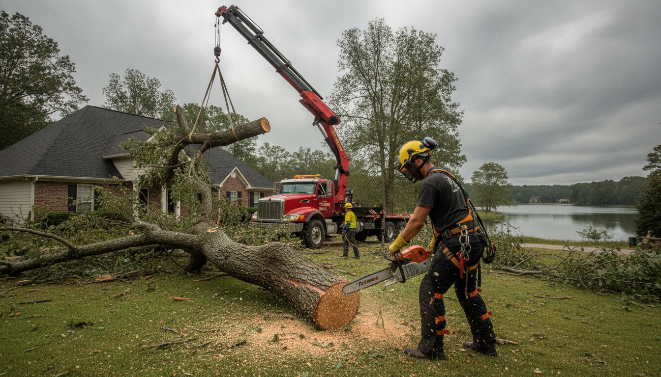 Aable John's crew using a crane to remove a large fallen tree from a lakeside property in Acworth, GA after a storm