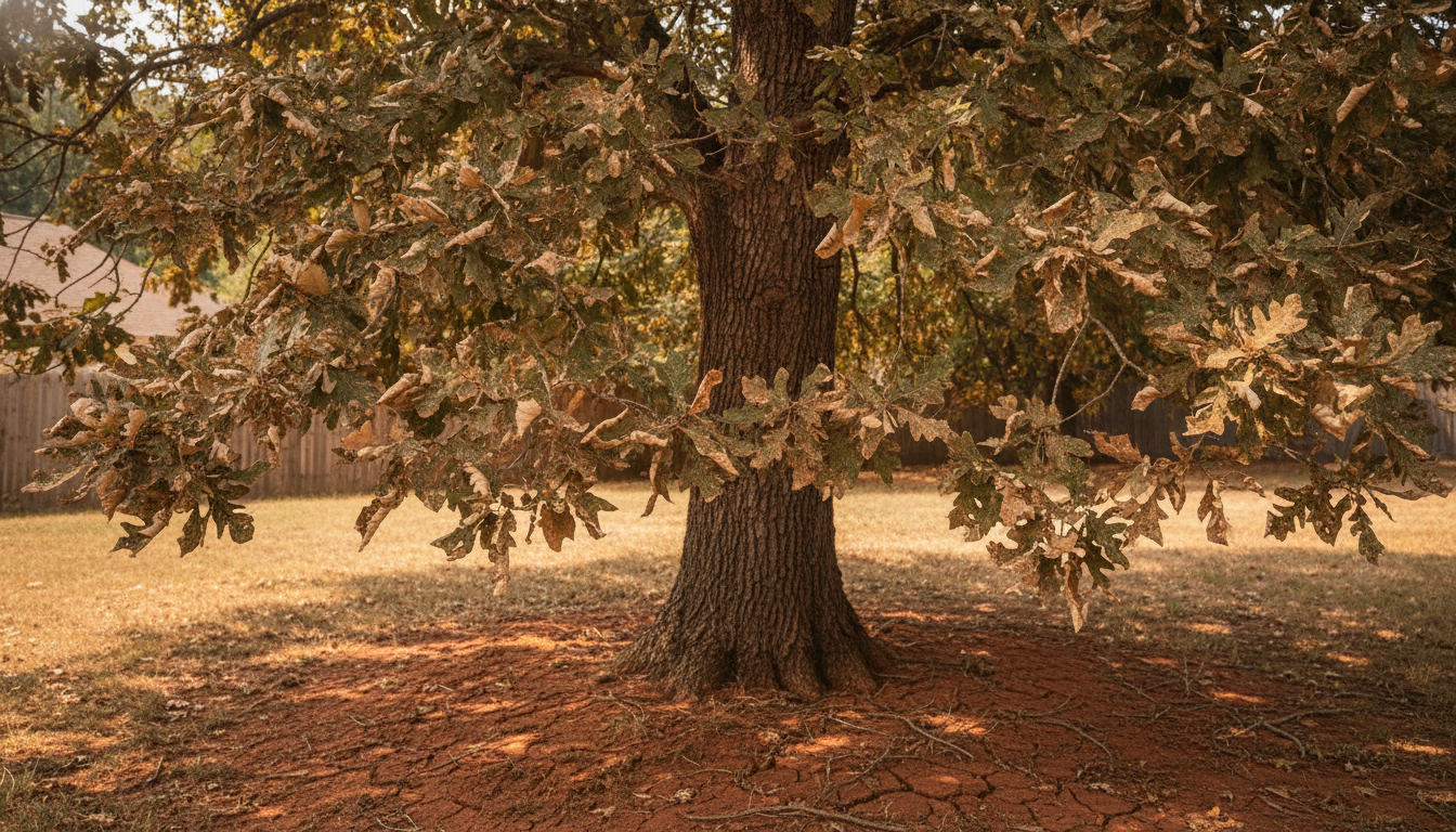 Heat-stressed tree with scorched, browning leaves in a Georgia backyard during summer