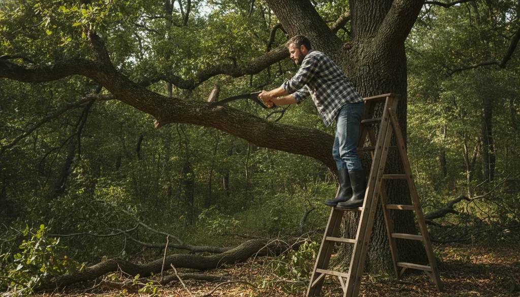 Homeowner on a wooden stepladder hand-sawing a large oak limb with no safety gear — an unsafe DIY tree removal attempt