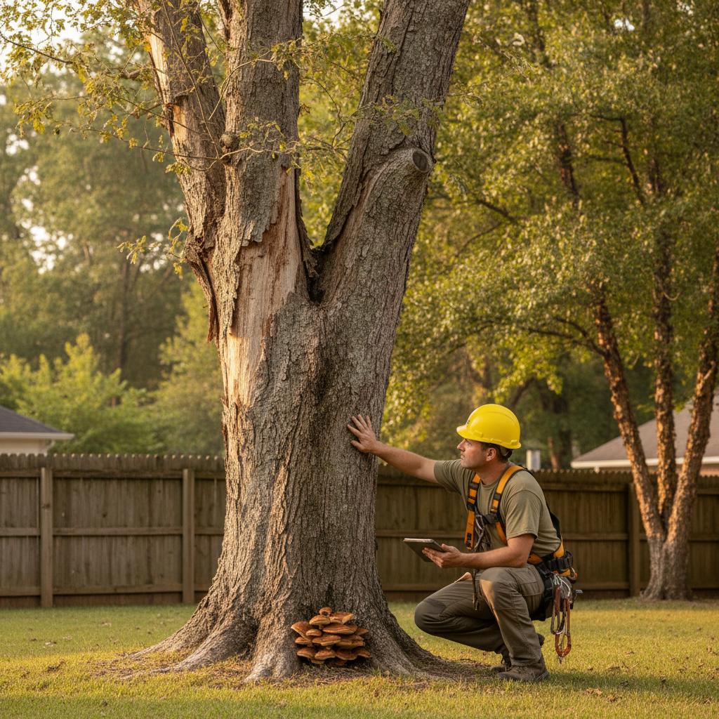 Arborist inspecting a tree trunk with visible bark damage and fungal growth at the base